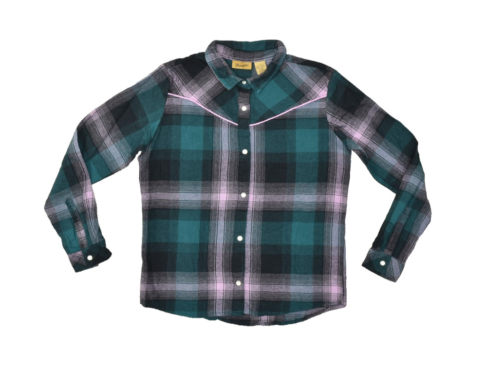 Wrangler Women Flannel Shirt XXL Green Black Pink Plaid Pearl Snap Western